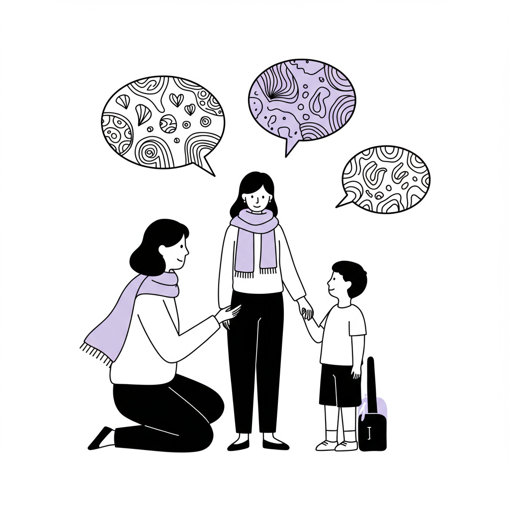 Chic line art: teacher, parent, and child in cultural conversation. Pastel purple scarf detail | Femmeprenista