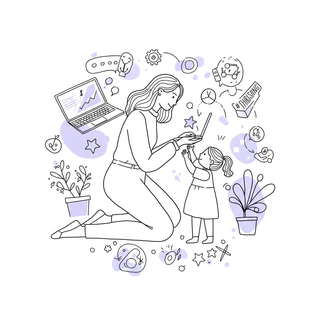 Line art: Chic Mum-CEO balances work and child; star toy highlighted in pastel purple, taming chaos | Femmeprenista