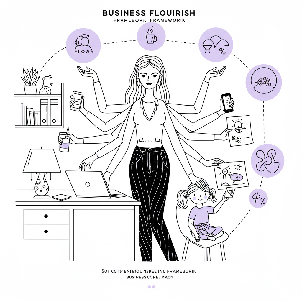 Modern line art: Mum-CEO multitasking with stylized arms, icons representing 'Flow', 'Focus', 'Fuel', 'Flair'; pastel purple on child's drawing | Femmeprenista