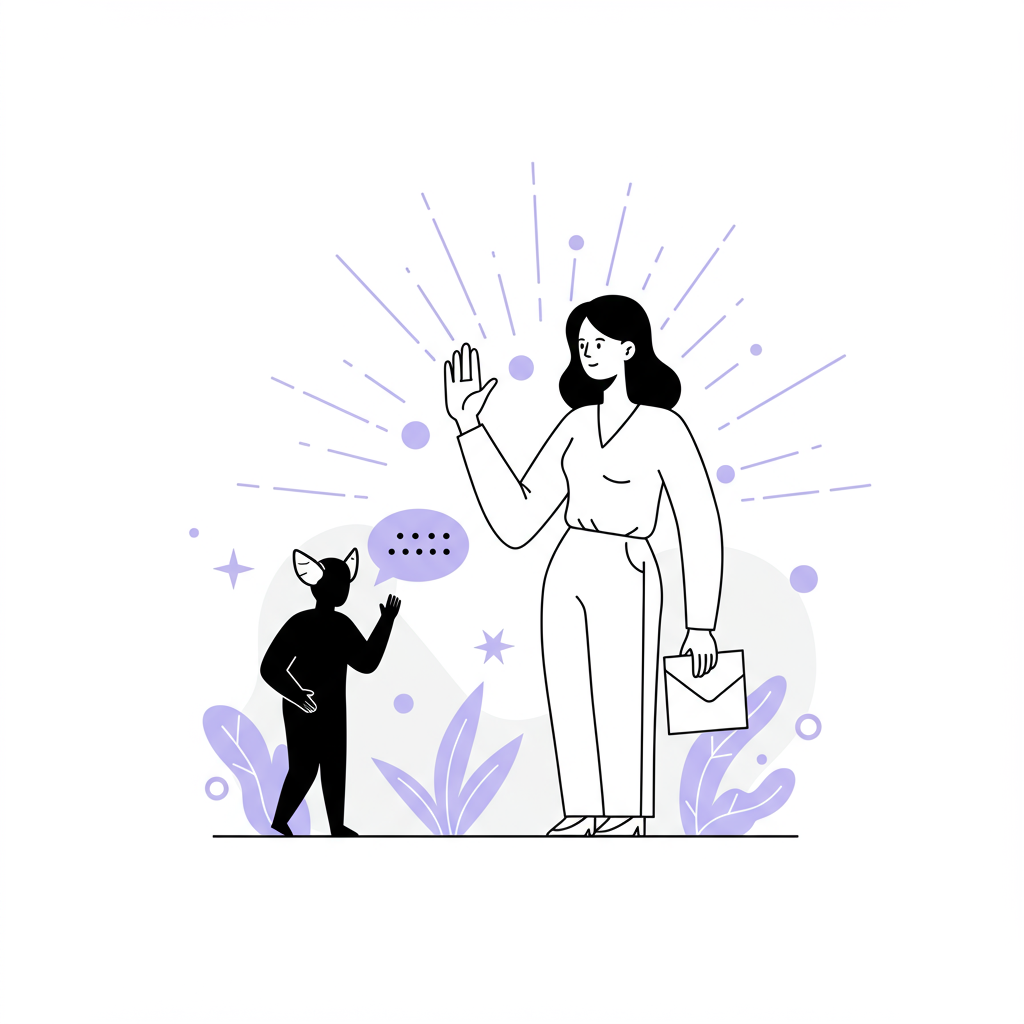 Chic line art: Female entrepreneur silencing her inner critic, radiating pastel purple intuition and strength | Femmeprenista