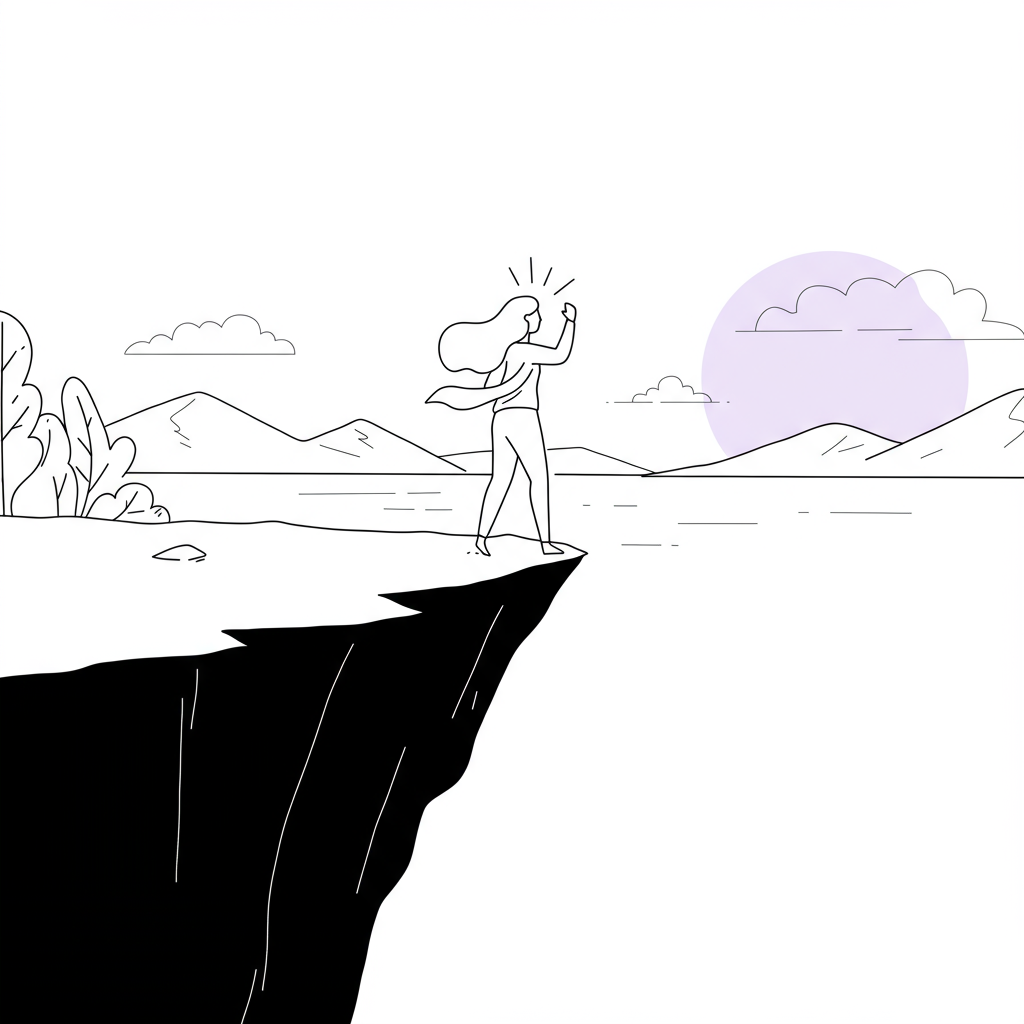 Line art: Female entrepreneur facing possibilities, intuition highlighted in pastel purple, silencing inner critic | Femmeprenista