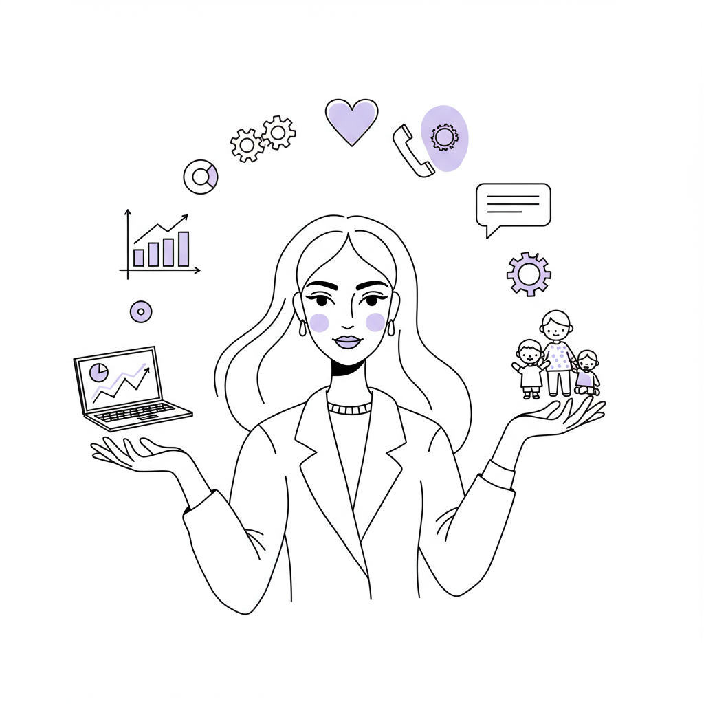 Modern chic line art: CEO mom balancing business and family, pastel purple heart highlight | Femmeprenista