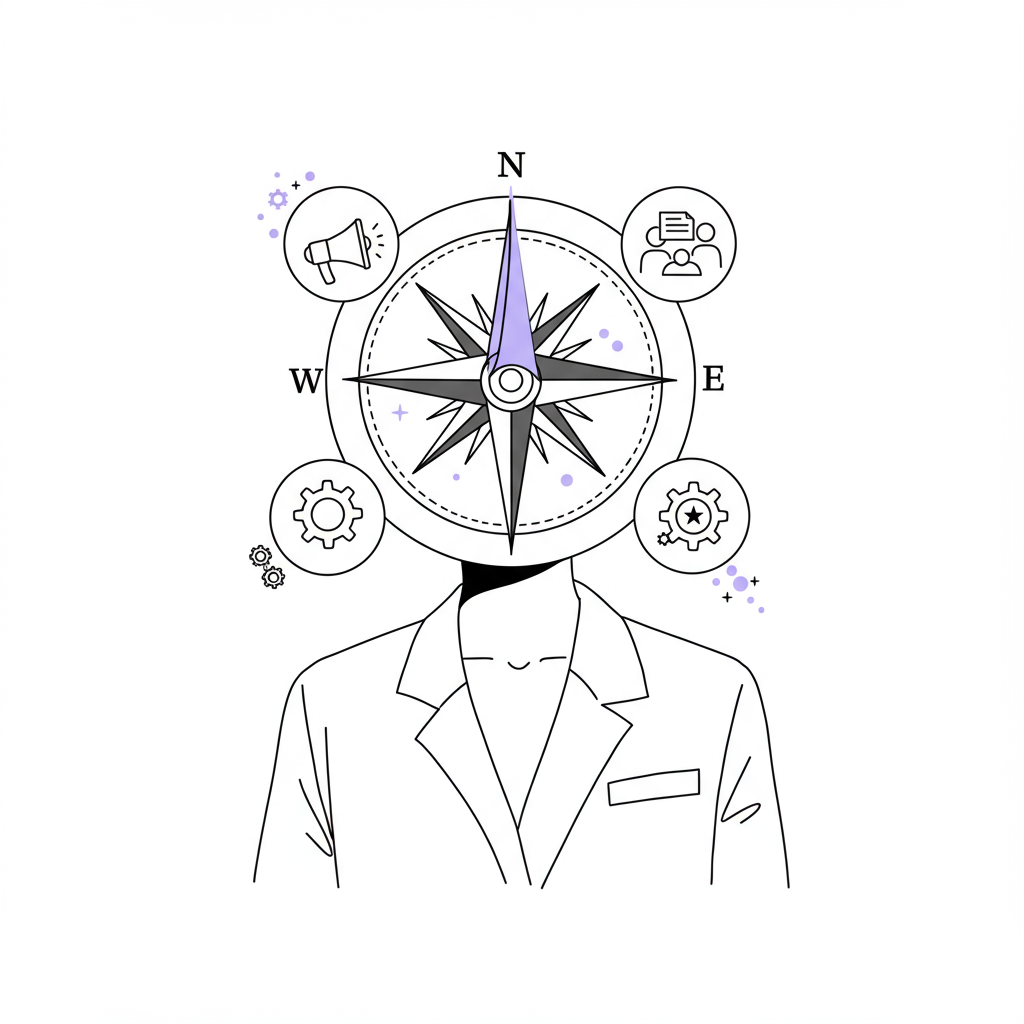 Chic line art: Female entrepreneur with a compass rose in place of head, embodying personality-driven business growth, pastel purple needle | Femmeprenista