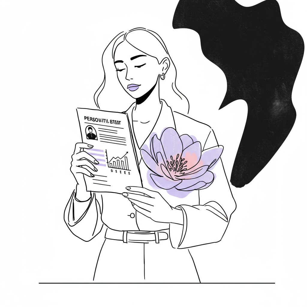 Line art: Female entrepreneur's personality test blooms into business growth; black and white with purple stamen | Femmeprenista