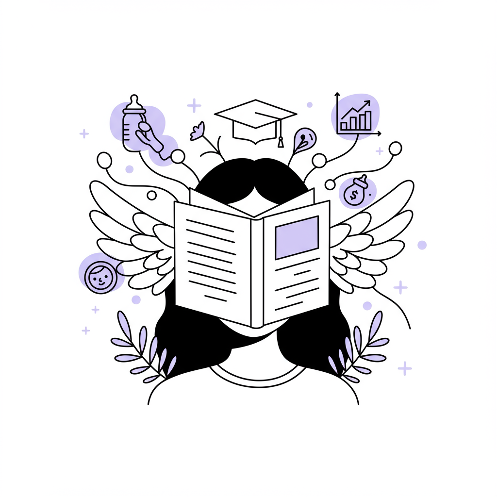 Modern line art: PhD mompreneur with book wings symbolizing knowledge and freedom, pastel purple graph icon | Femmeprenista