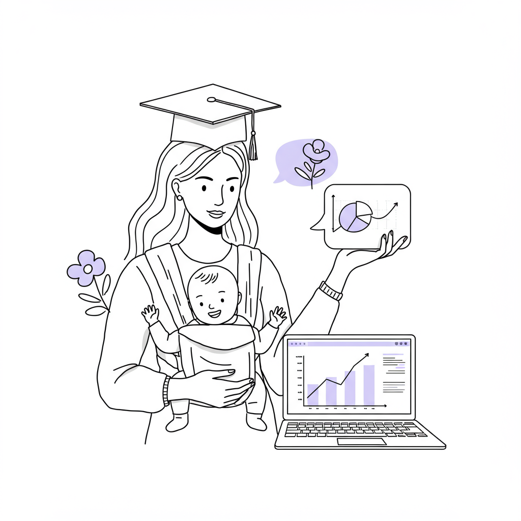 Chic line art: Woman balancing PhD, baby, & laptop, modern flower with pastel purple accent symbolizes flourishing | Femmeprenista