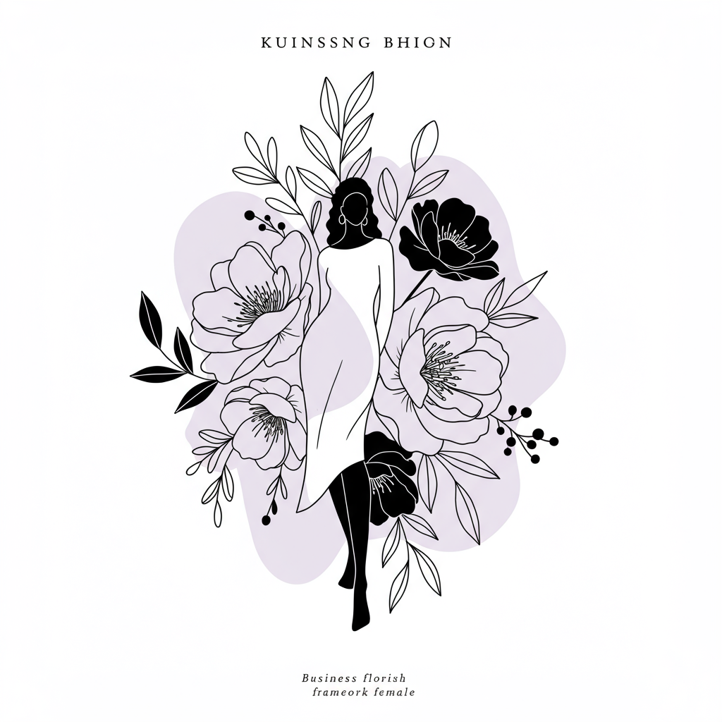 Chic black and white line art: Confident Black female figure amidst blossoming flowers; pastel purple accent on central blossom | Femmeprenista