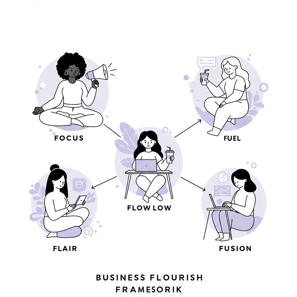 Modern line art: Interconnected female figures representing the Business Flourish Framework, diverse women collaborating; pastel purple accent detail | Femmeprenista