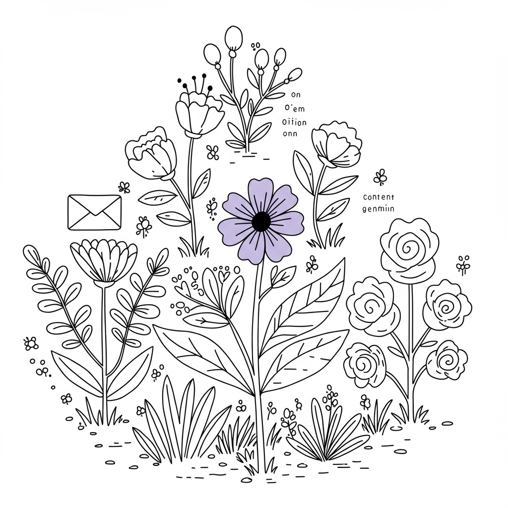 Chic line art illustration of a flourishing garden representing diversifying marketing for sustainable growth; pastel purple flower | Femmeprenista