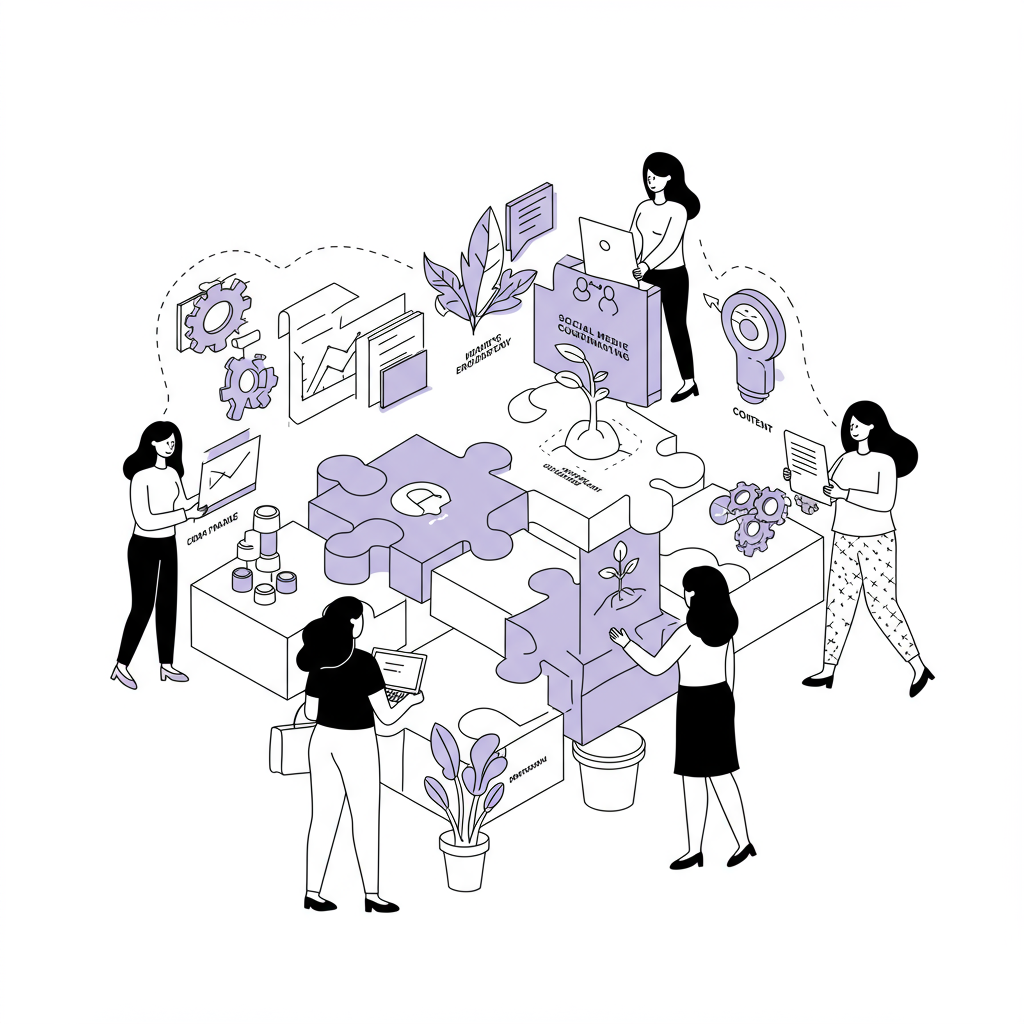 Line art illustration of diverse female entrepreneurs collaboratively solving a marketing puzzle, pastel purple on sustainable growth piece | Femmeprenista