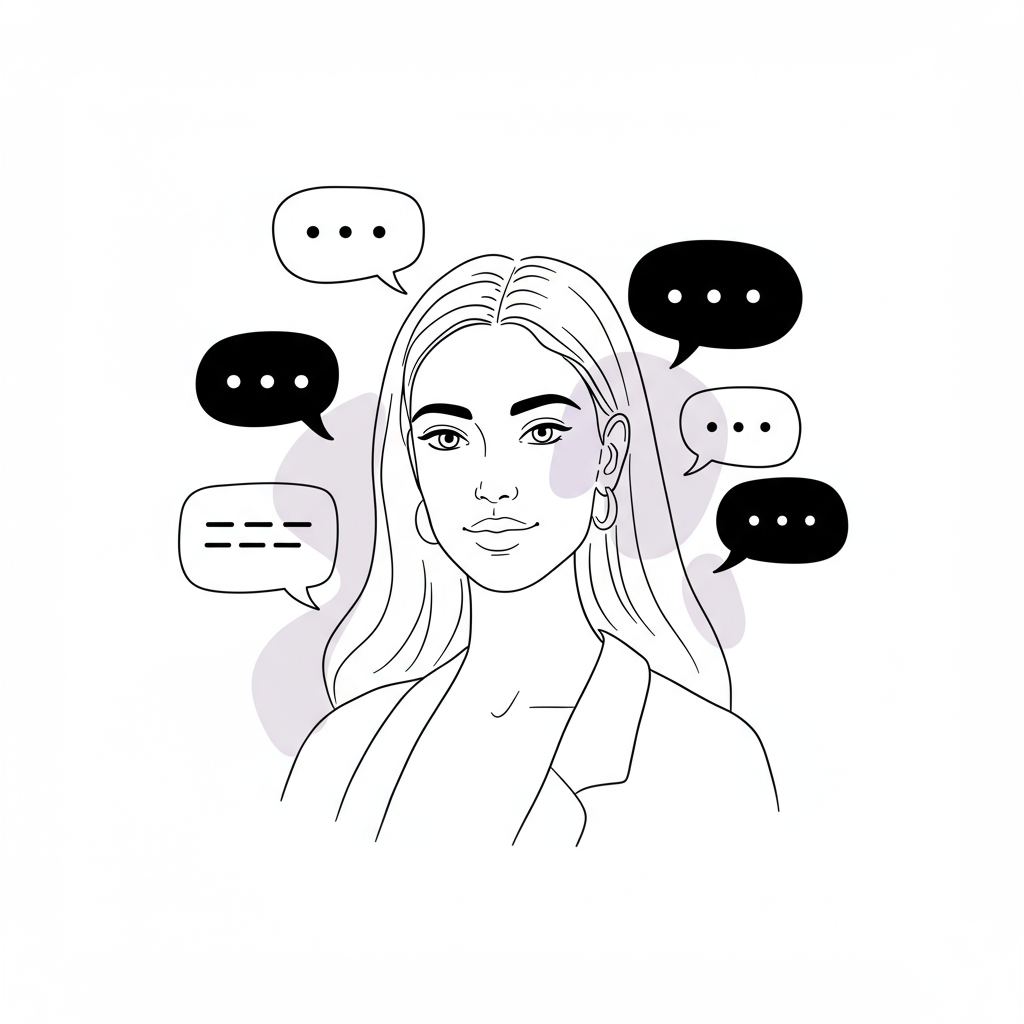 Chic line art: Confident woman surrounded by speech bubbles, communicating her brand value; black, white, pastel purple | Femmeprenista