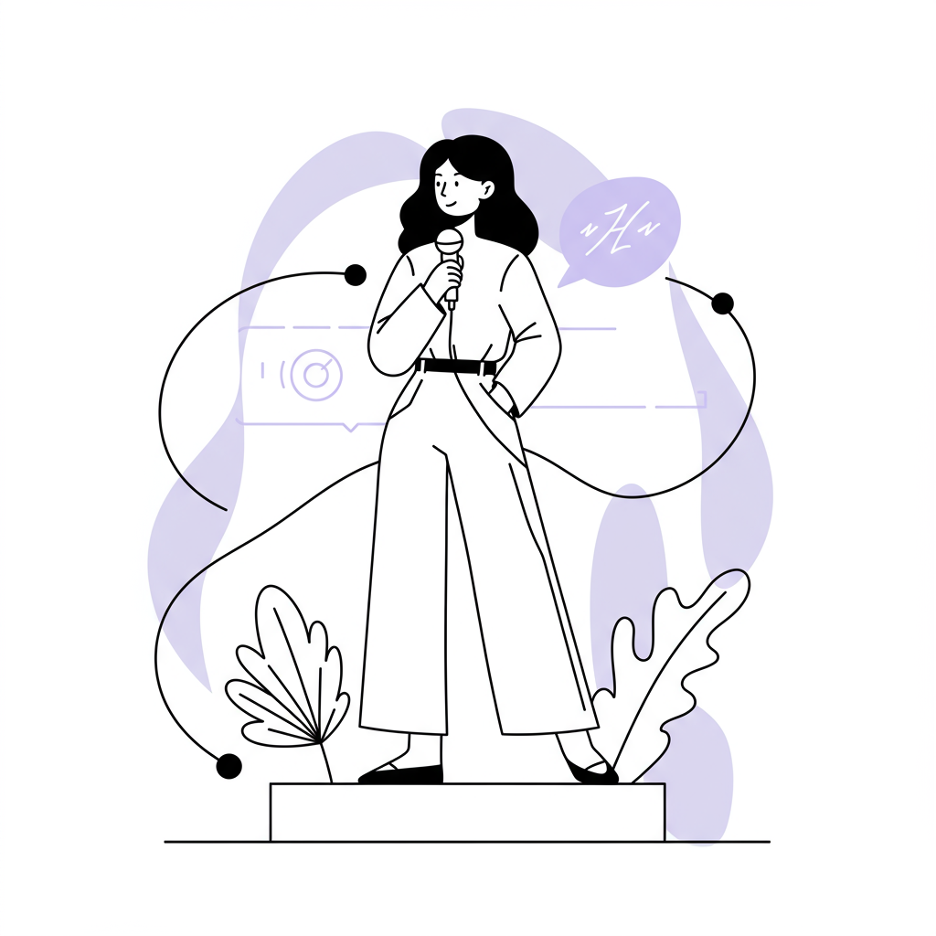 Line art: Empowered woman entrepreneur confidently speaking on stage; black and white with purple microphone accent | Femmeprenista