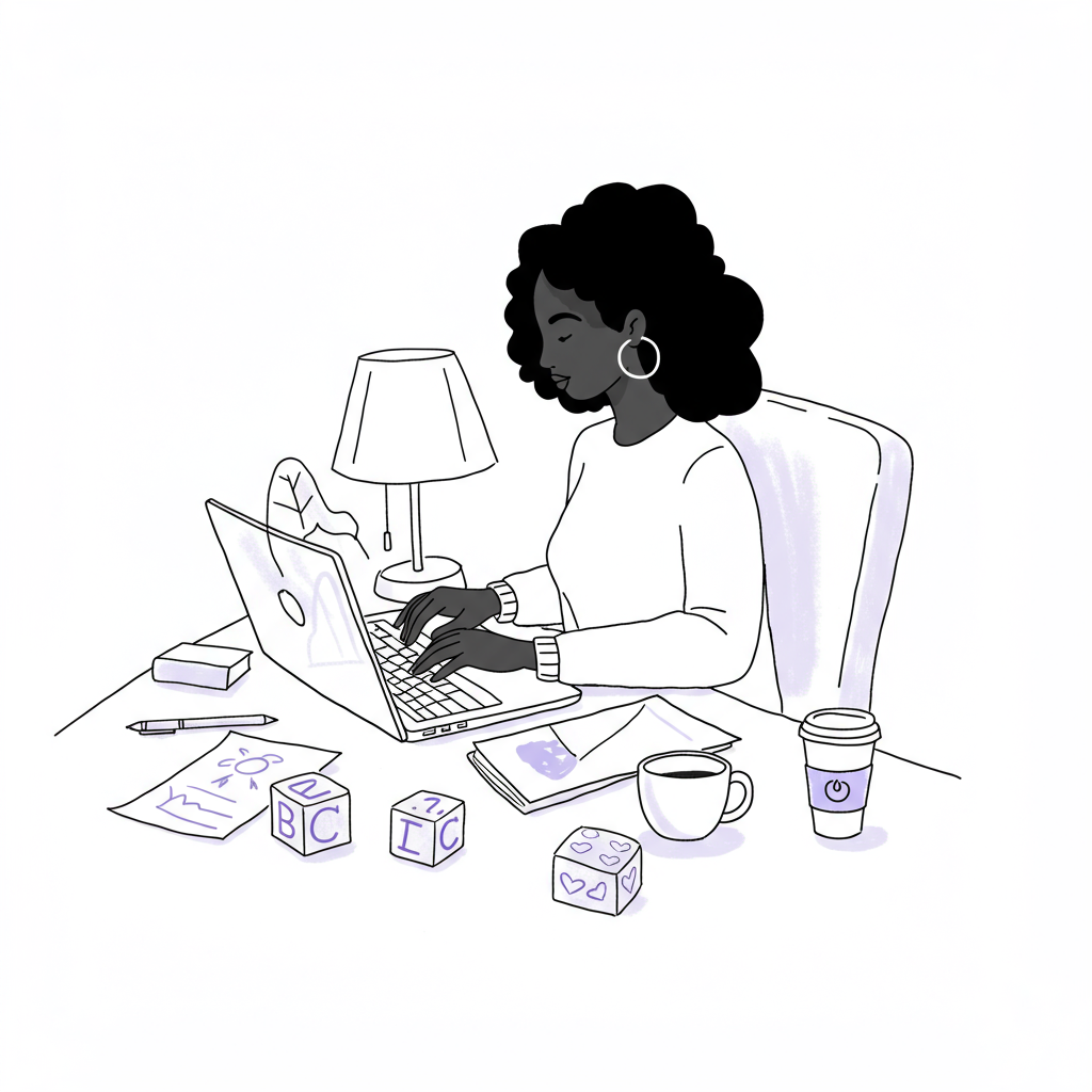Black and white line art: Stylish Black or Latina woman entrepreneur embraces work-from-home chaos, laptop with kid's drawing, purple block | Femmeprenista
