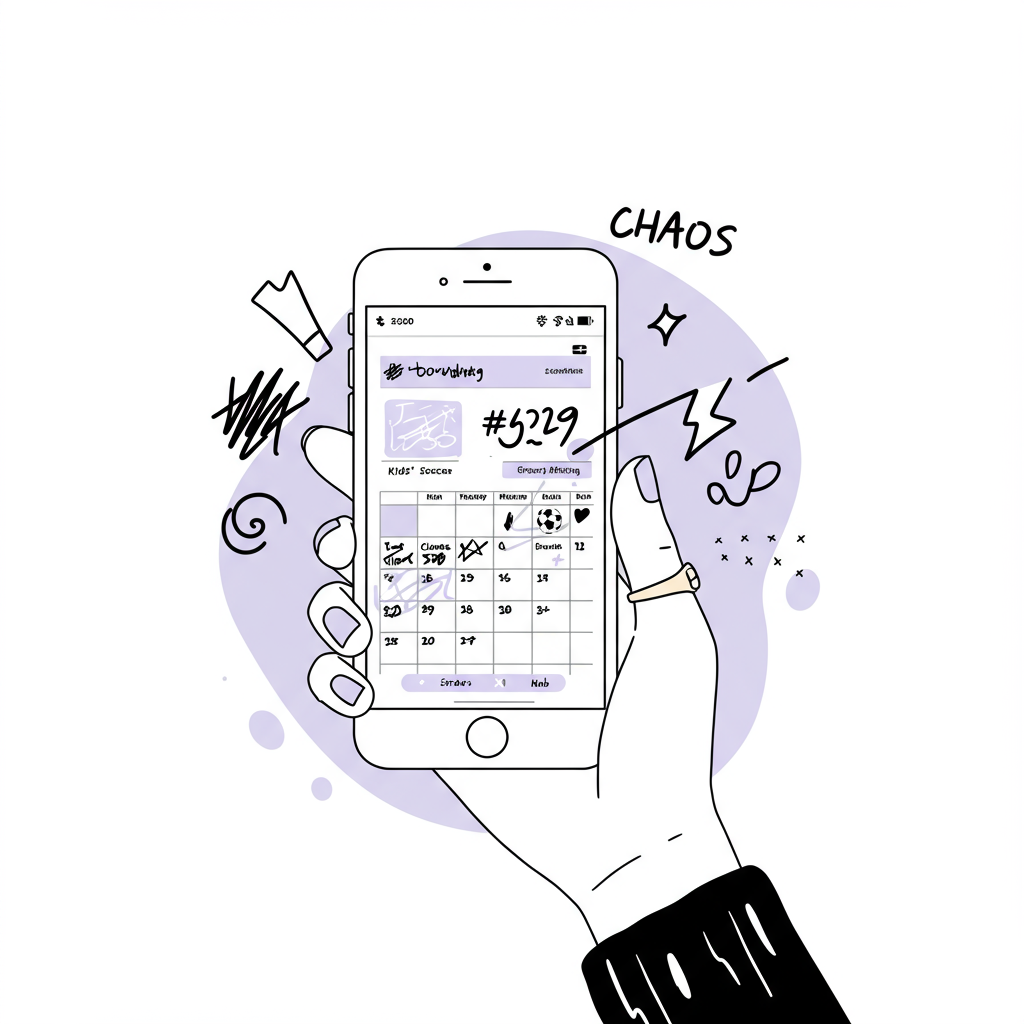 Chic black and white line art: stylized mobile calendar showing blended life/work tasks; pastel purple calendar icon | Femmeprenista