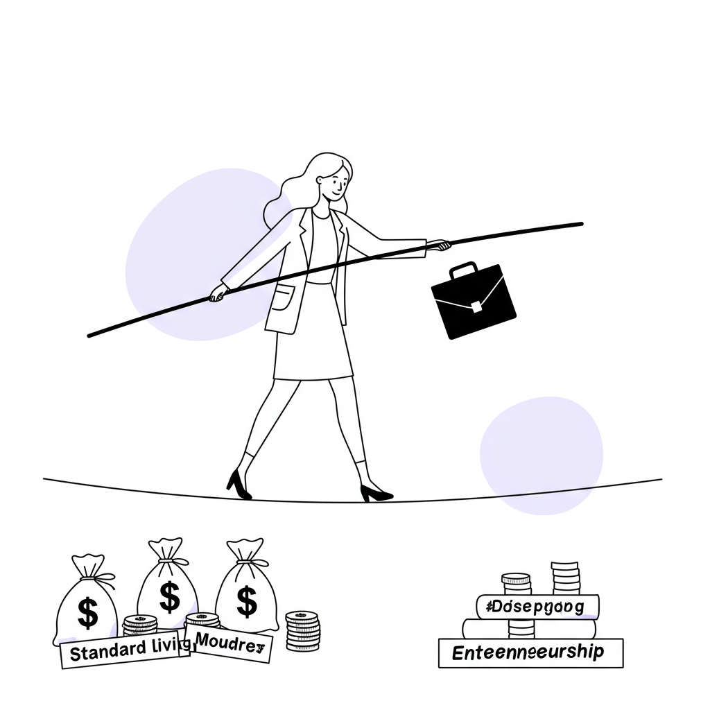 Chic line art: Female entrepreneur balances standard living on tightrope, transitioning to entrepreneurship, pastel purple tightrope | Femmeprenista