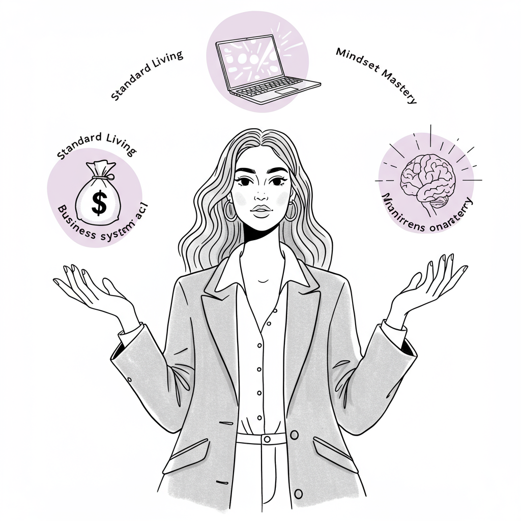 Line art: Female entrepreneur juggling finances, tech, & mindset, pastel purple on brain icon. | Femmeprenista