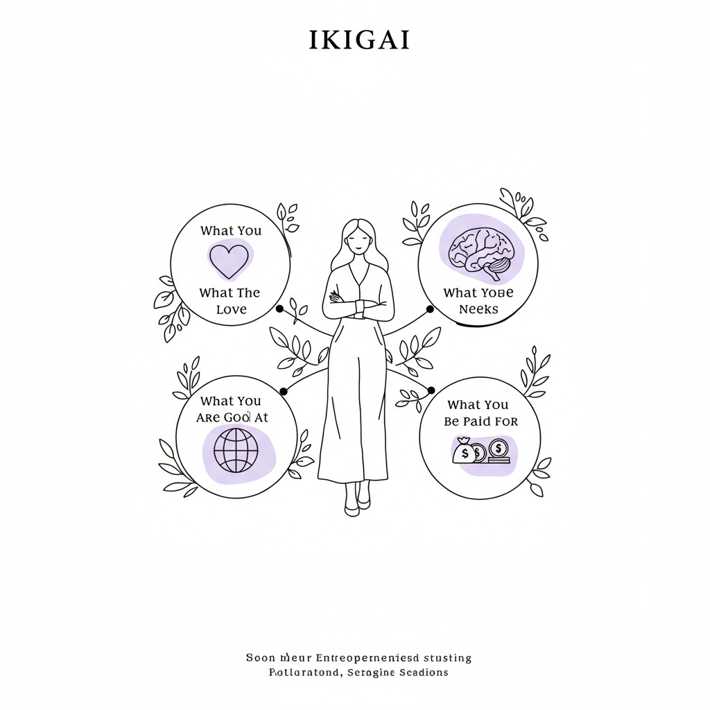 Chic line art: Mother entrepreneur surrounded by IKIGAI circles (love, need, skills, income), pastel purple heart | Femmeprenista
