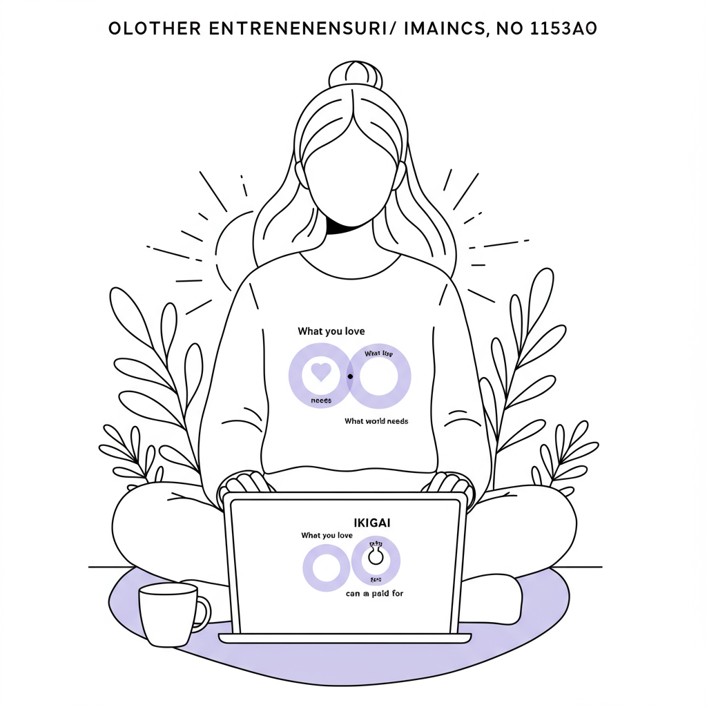 Modern line art: Mother entrepreneur finds purpose with Ikigai, laptop with pastel purple highlight | Femmeprenista