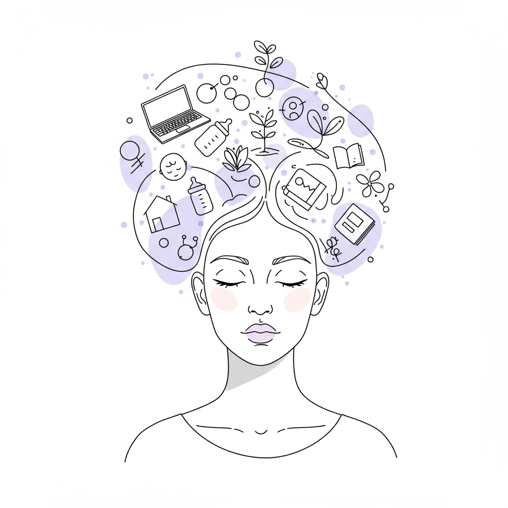 Black and white line art: serene woman entrepreneur with radiating life elements, pastel purple highlights growth | Femmeprenista