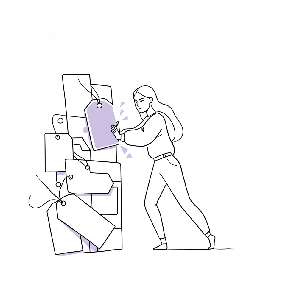 Chic line art: woman breaking free from limiting entrepreneur labels; pastel purple accent. | Femmeprenista