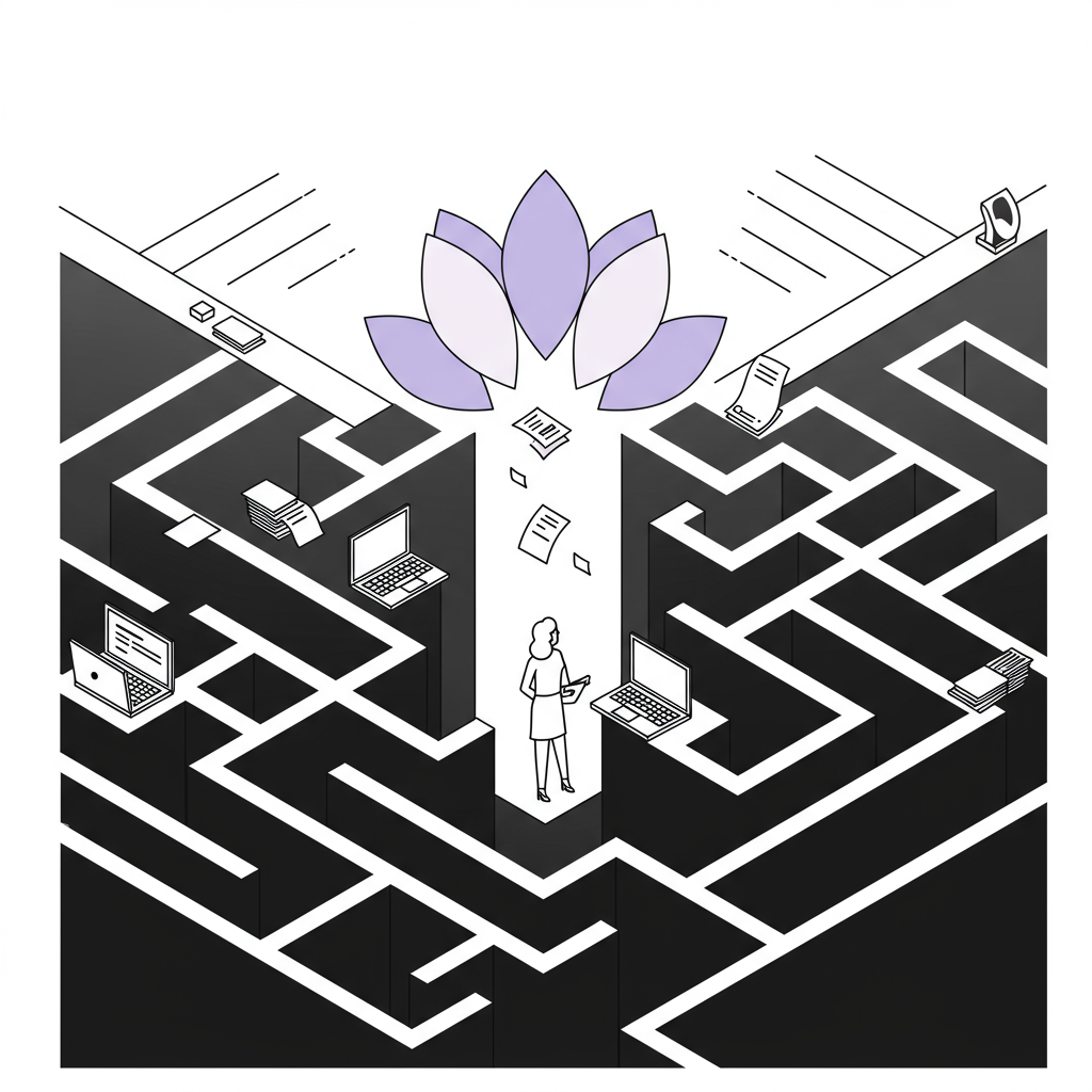Black and white line art: CEO breaking free from maze to lotus flower, representing strategic clarity; pastel purple accent on lotus | Femmeprenista