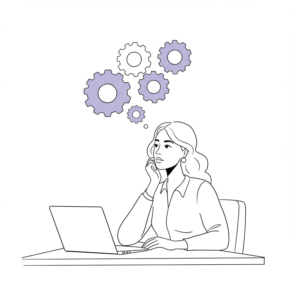 Elegant black and white line art: Femmeprenista CEO thoughtfully considers strategy, pastel purple gear highlights key focus | Femmeprenista