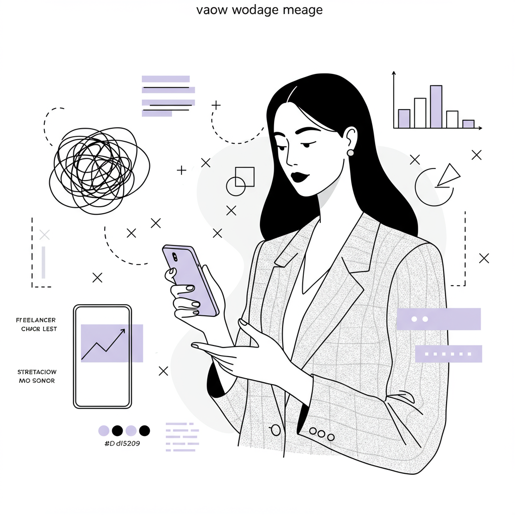 Line art: Empowered female CEO strides confidently; phone glows purple amid scalable growth, shifting from chaotic freelancer | Femmeprenista
