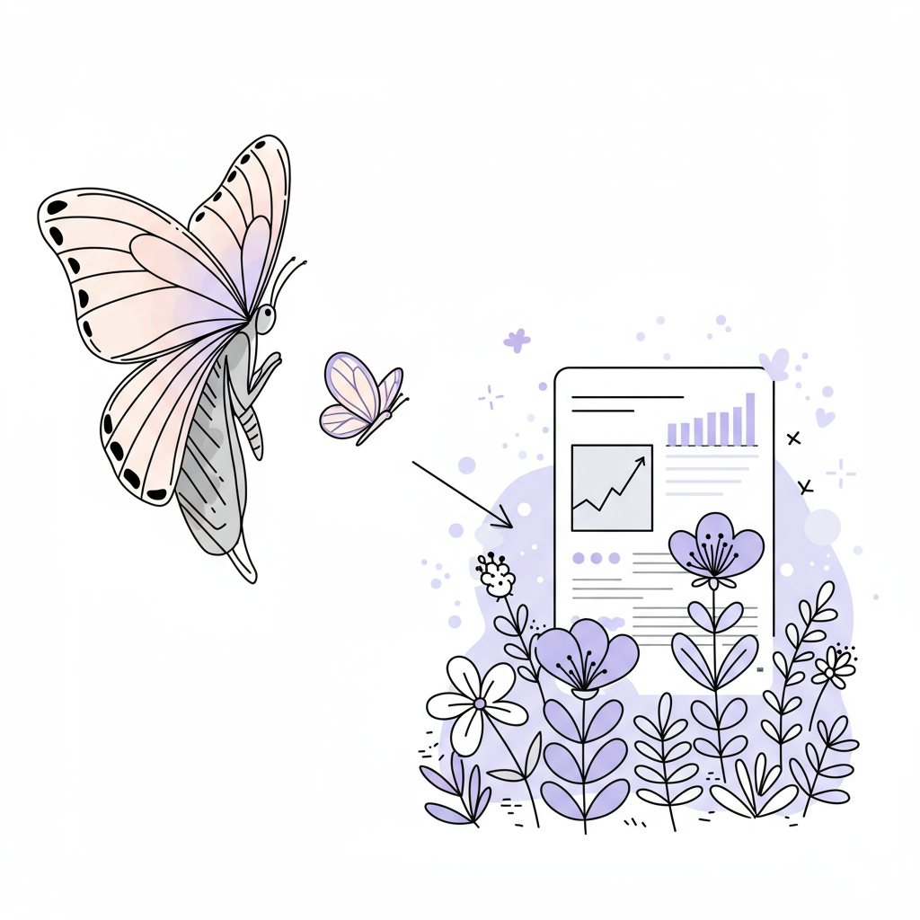 Black and white line art: Butterfly emerging from chrysalis, flying toward a flourishing garden; pastel purple flower highlight | Femmeprenista