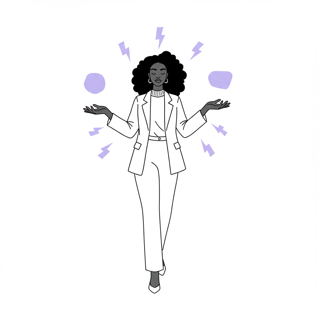 Black and white line art: Black woman entrepreneur balancing business, family, and life with AI power (pastel purple lightning accents) | Femmeprenista