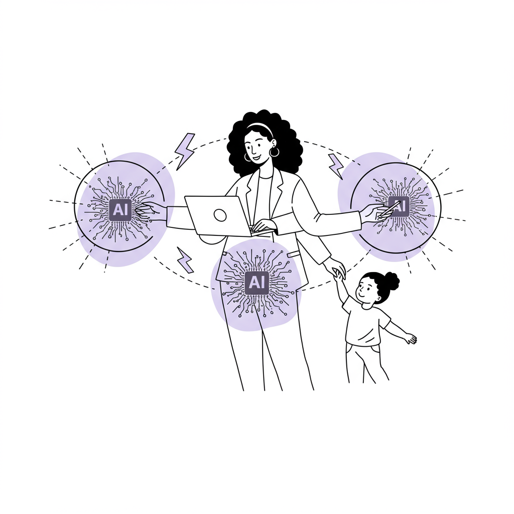 Line art: Black female entrepreneur balancing business, studies, and motherhood with AI; pastel purple lightning bolts connect them | Femmeprenista