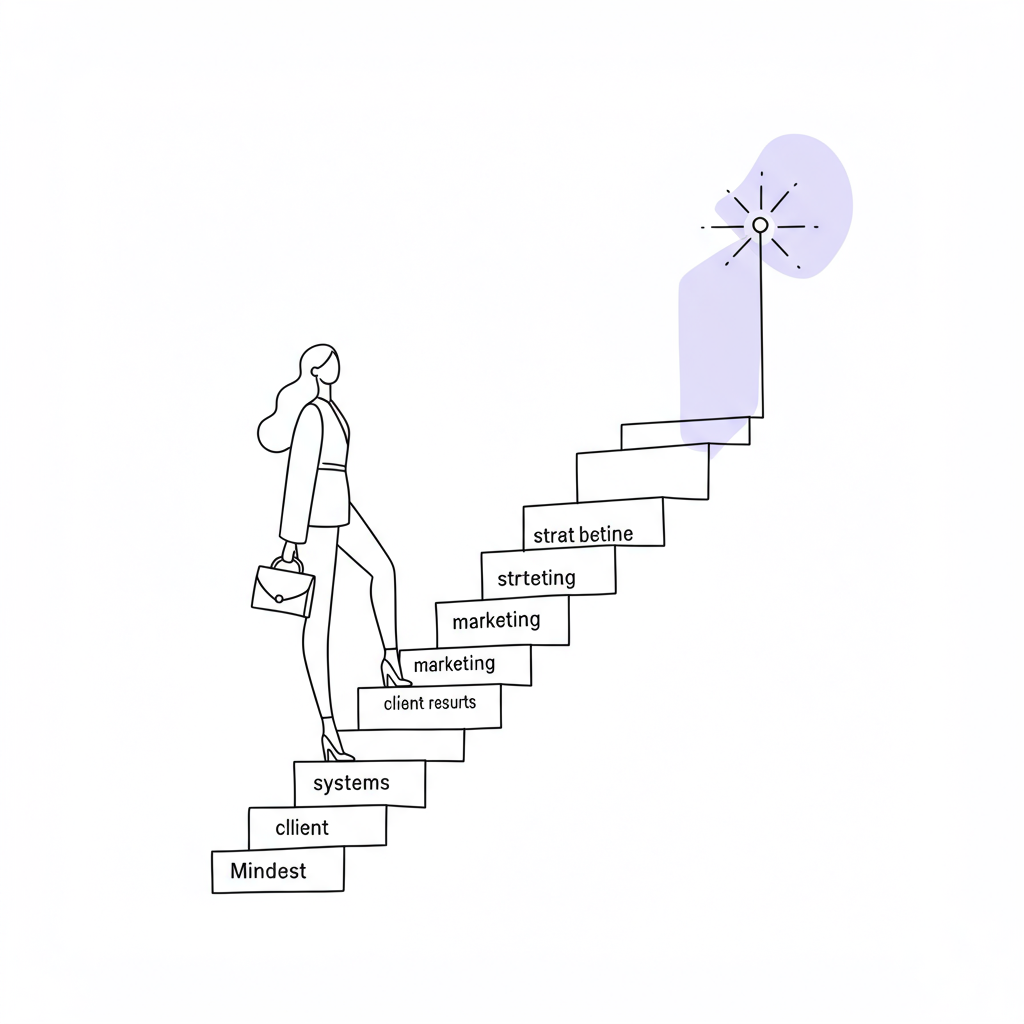 Elegant line art: Business coach empowers income growth with strategic steps to financial freedom; pastel purple light accent | Femmeprenista