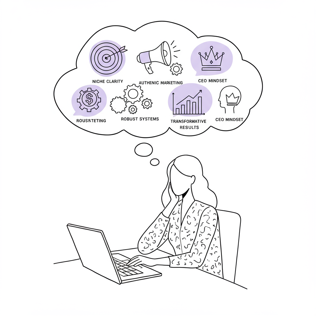 Modern line art of a female business coach with strategic levers in a thought bubble; purple crown highlight | Femmeprenista