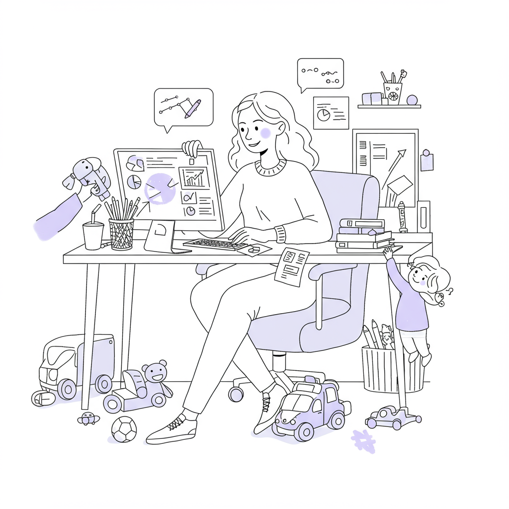 Modern line art: entrepreneur mum embracing work-life chaos with a smile, pastel purple crayon accent | Femmeprenista