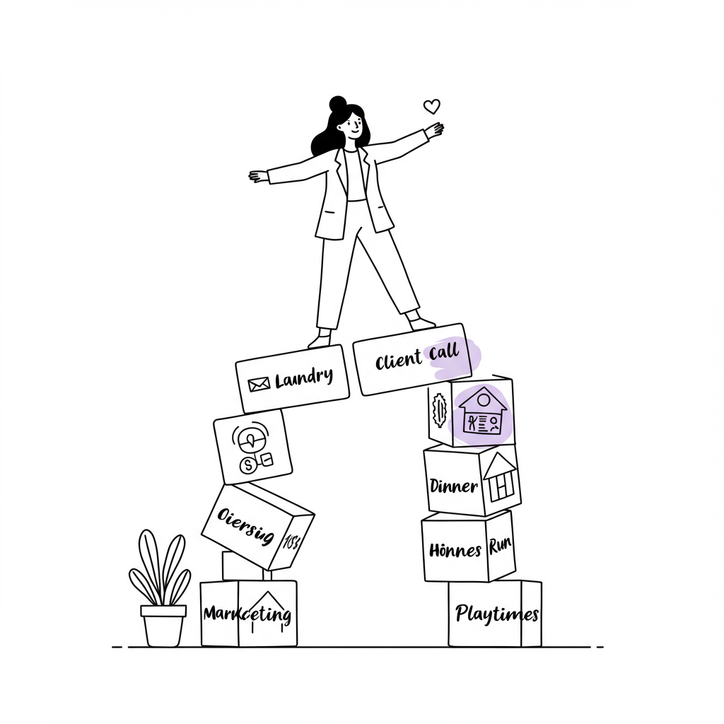 Modern line art of an entrepreneur mum balancing work and family blocks, pastel purple "Playtime" highlight | Femmeprenista