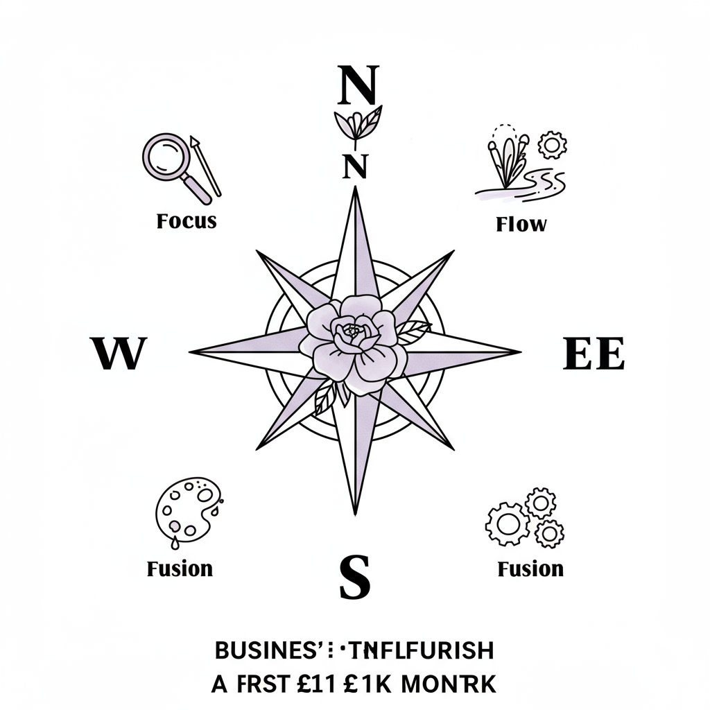 Chic black and white line art: compass rose with pastel purple flower, symbolizing a first 1k month roadmap | Femmeprenista