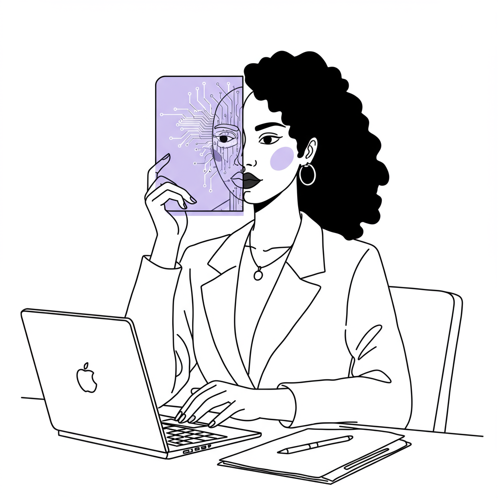 Chic line art: Entrepreneur's face blends human features and AI lines reflected in laptop; black and white with purple accent | Femmeprenista