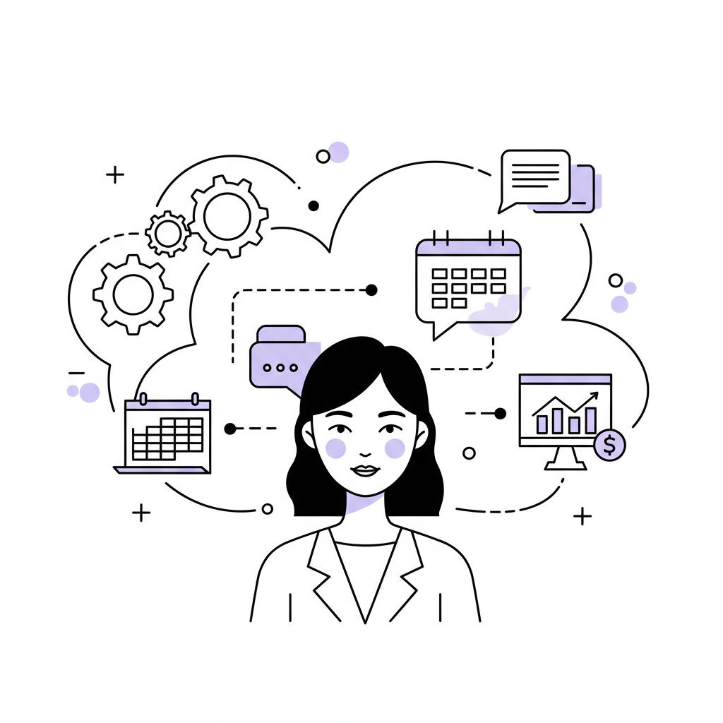Line art: AI empowers a serene Asian/Middle Eastern female entrepreneur, highlighted speech bubble in pastel purple | Femmeprenista