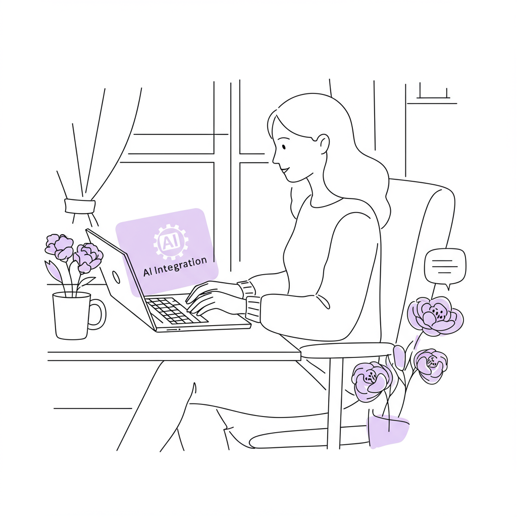 Chic black and white line art: stylish mum working on laptop with purple AI icon, flower and ripple effect symbolize autonomy and impact | Femmeprenista