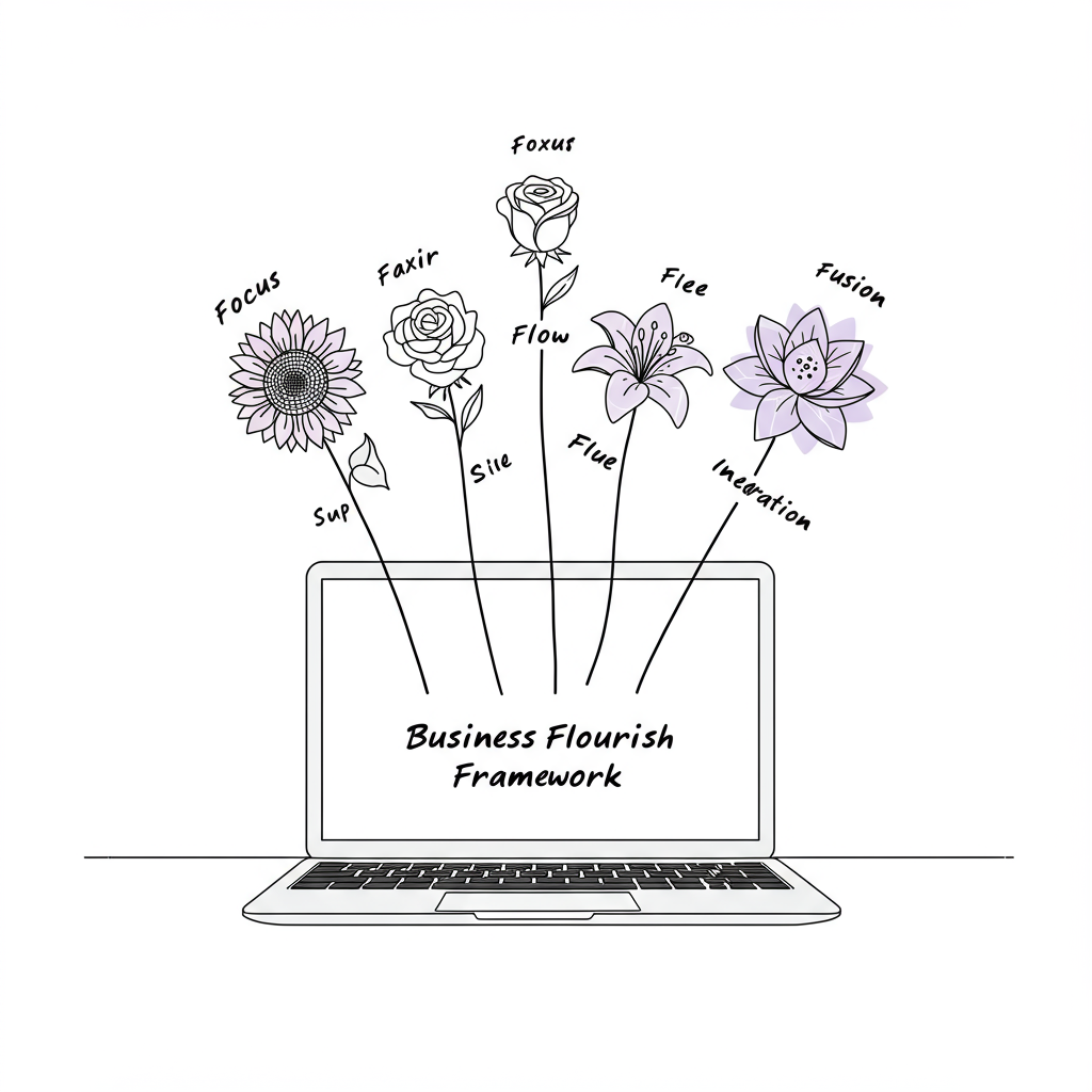 Modern line art: "Business Flourish Framework"—five blossoming flowers emerging from a laptop, pastel purple accent on "Fusion" | Femmeprenista