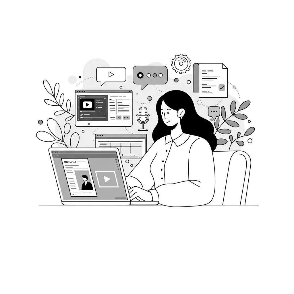 Line art: Femmeprenista working on laptop with YouTube software interfaces, creative halo, pastel purple power button accent | Femmeprenista