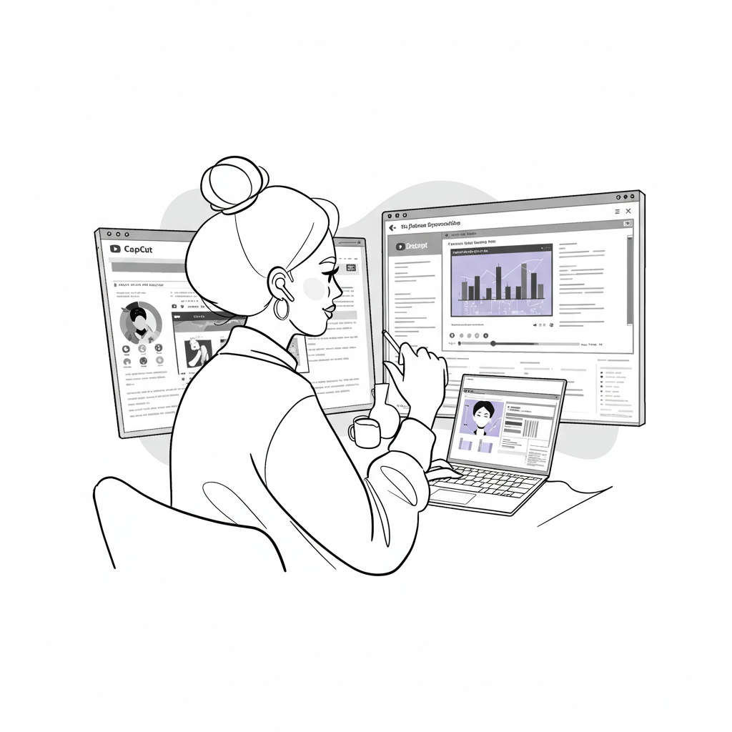 Modern line art: Femmeprenista managing YouTube software with ease; black, white, pastel purple earbuds | Femmeprenista