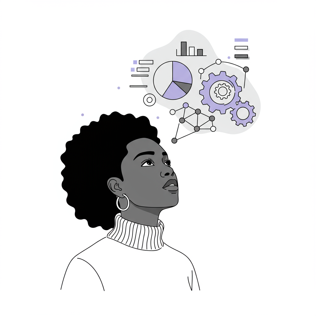 Chic line art: Black woman entrepreneur focused on AI solutions (pastel purple gear accent), representing sustainable growth | Femmeprenista