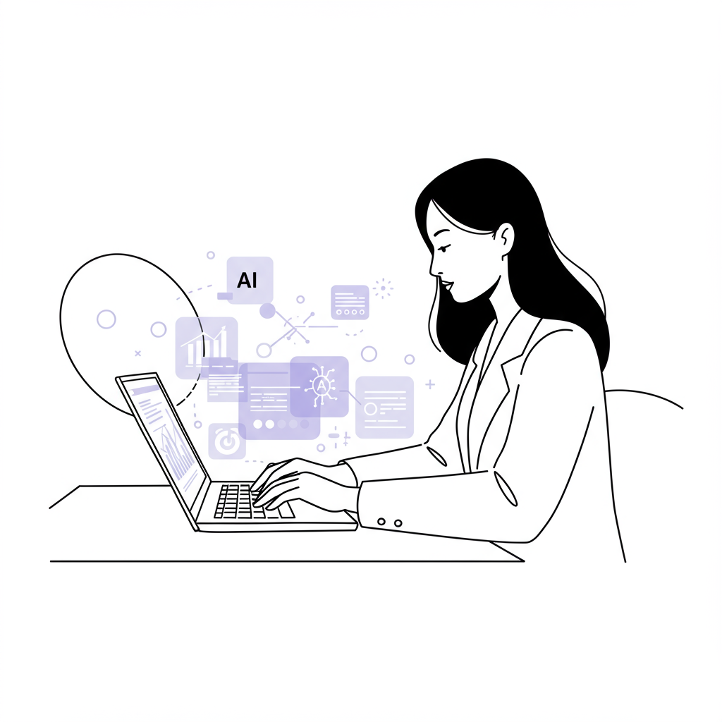Elegant line art: Asian female entrepreneur scaling with AI; pastel purple highlights data on laptop | Femmeprenista