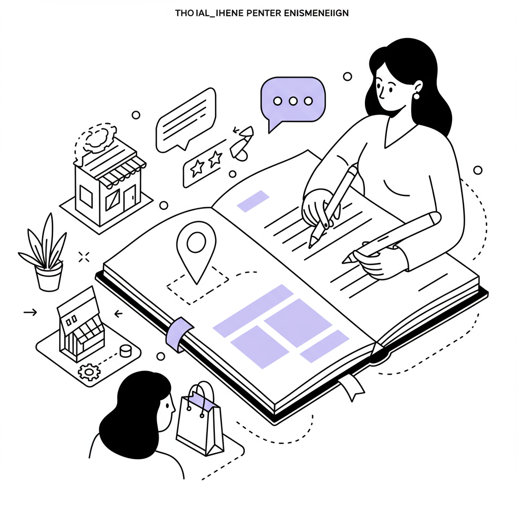 Line art: Femmeprenista's notebook with location pin highlighted in pastel purple, representing local client focus | Femmeprenista