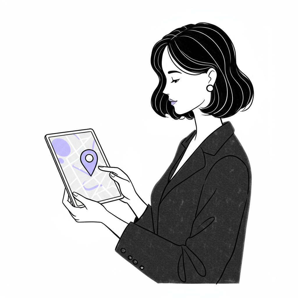 Chic line art: Female entrepreneur confidently using a tablet showing a map with pastel purple location pin | Femmeprenista