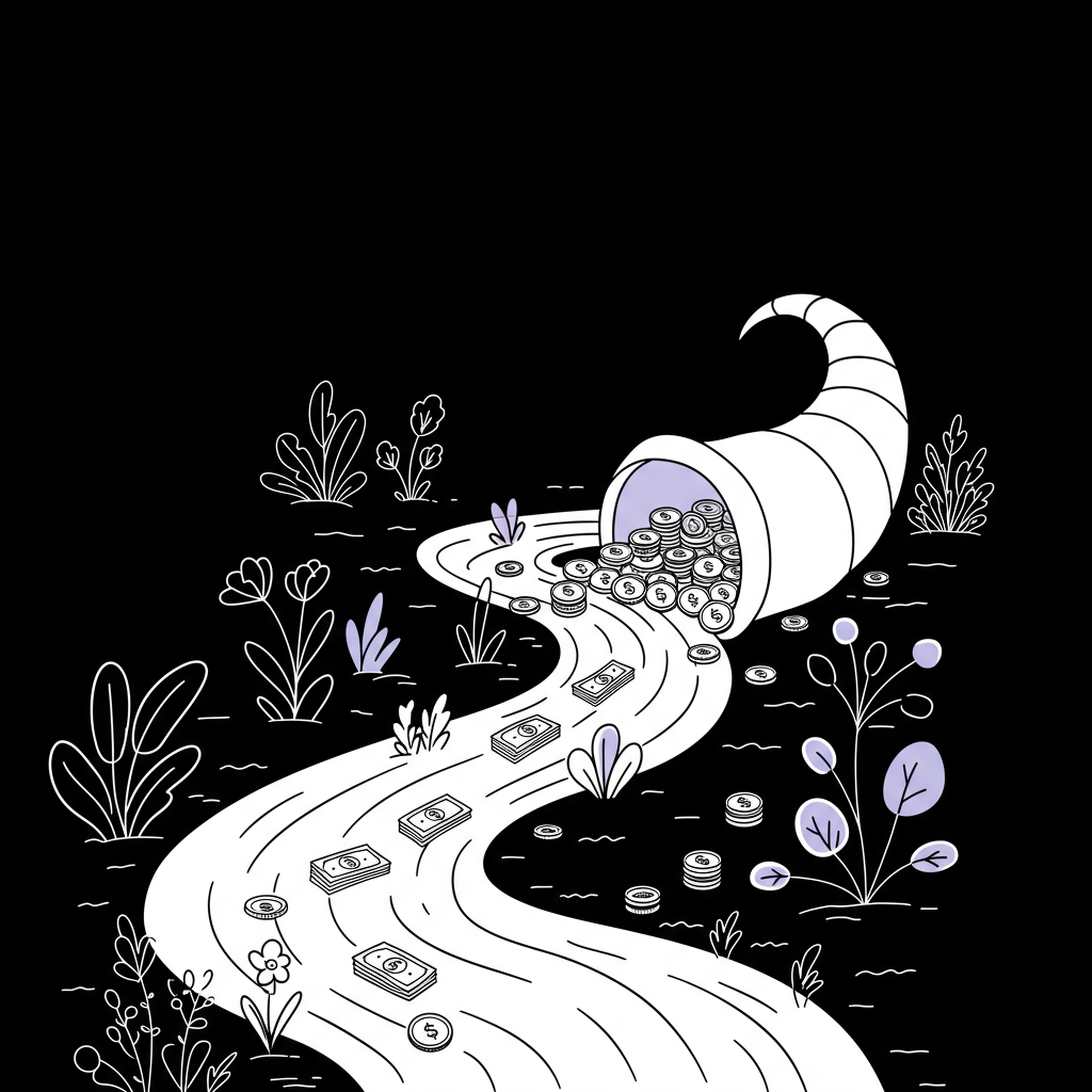 Chic line art illustration symbolizing financial flow and creative abundance for female entrepreneurs; pastel purple cornucopia | Femmeprenista
