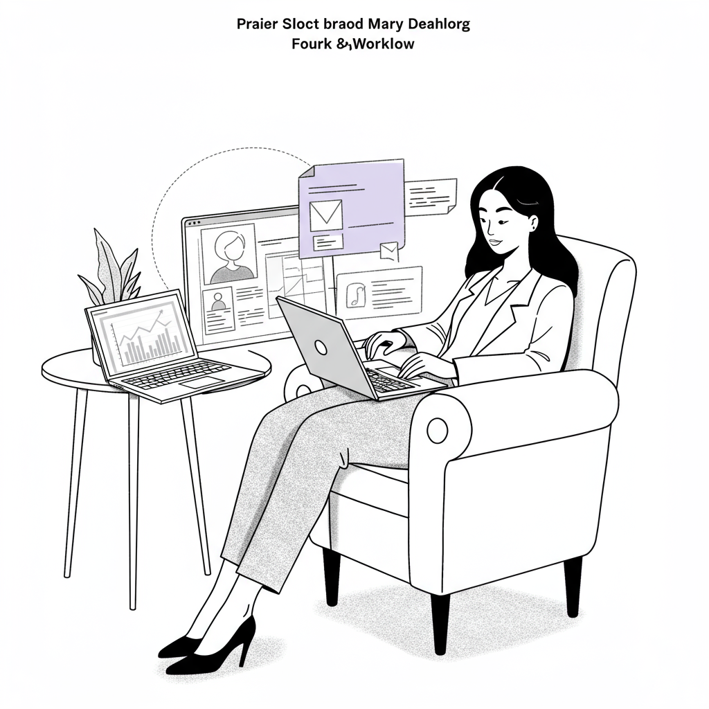 Elegant line art of an Asian entrepreneur relaxing with laptop, delegation symbolized; pastel purple planner accent | Femmeprenista