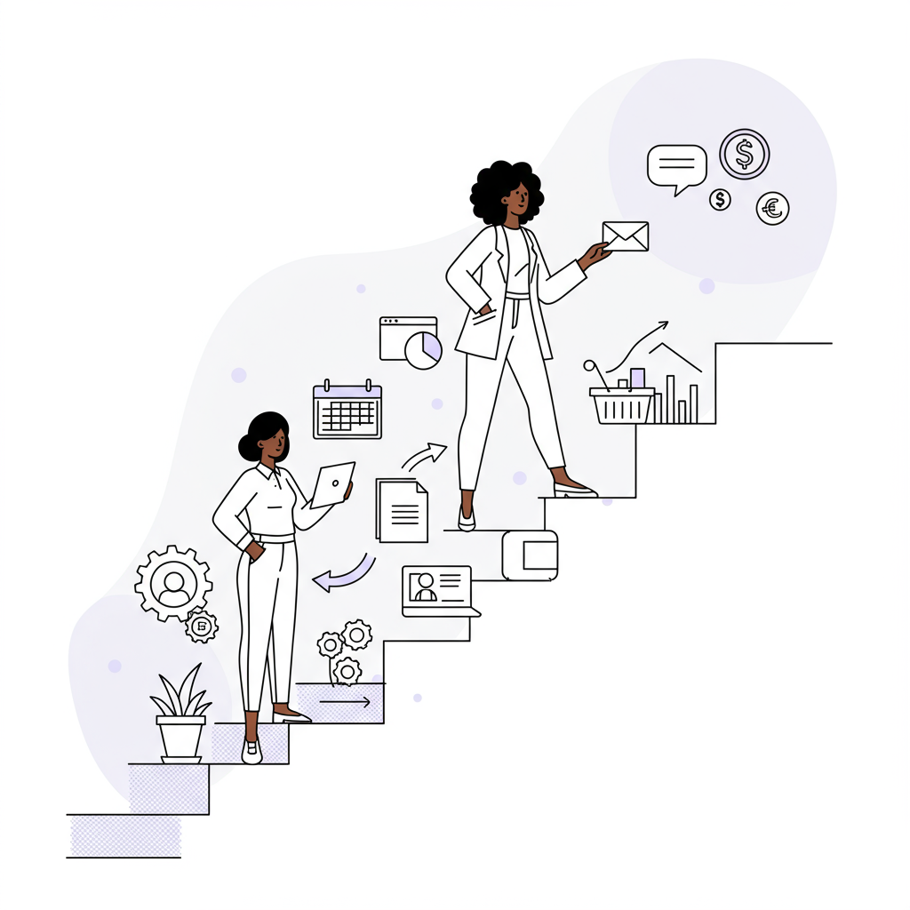 Chic line art: Female entrepreneur ascends steps of delegated tasks, pastel purple accent on top step symbolizing clarity | Femmeprenista