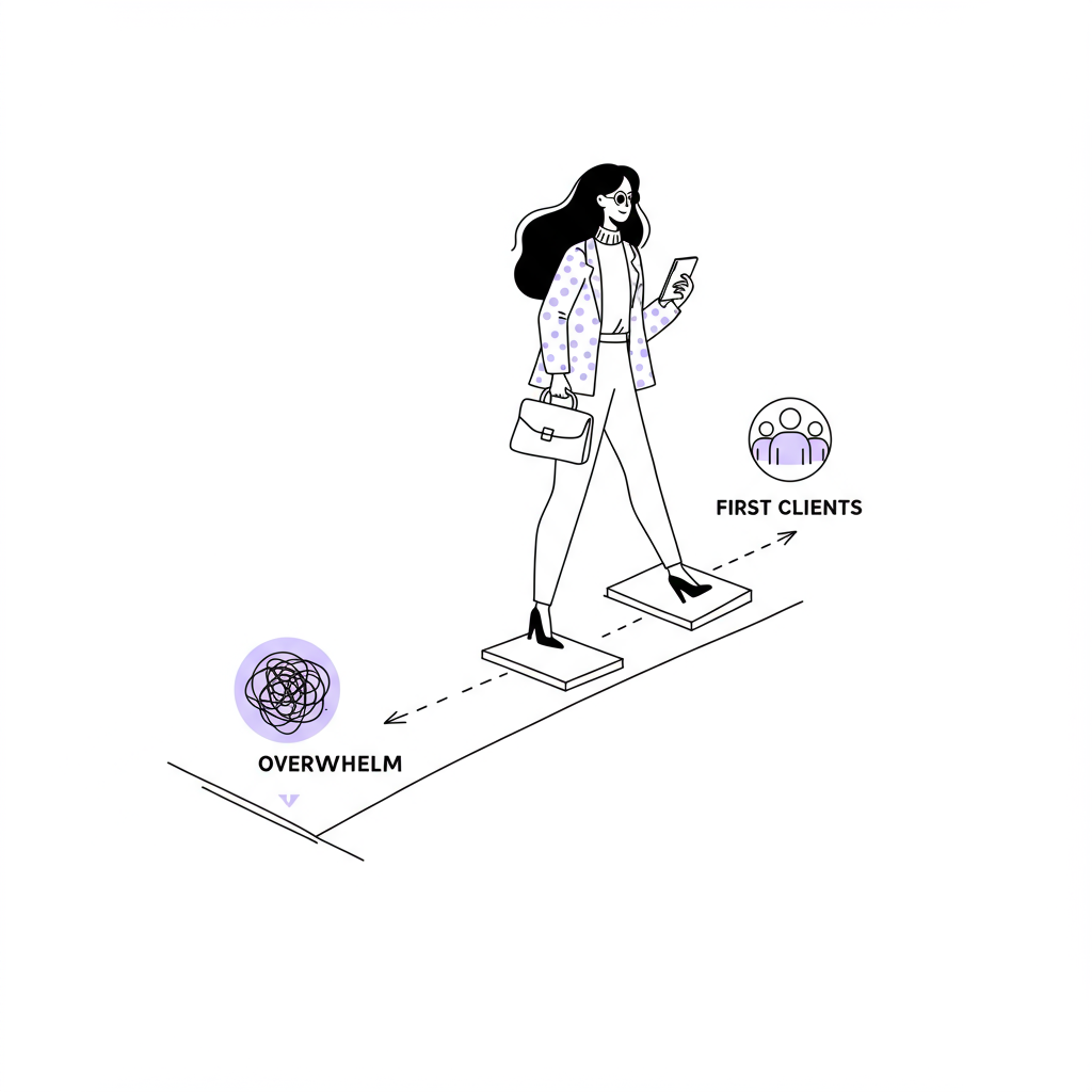 Elegant line art: Female entrepreneur confidently walks roadmap from overwhelm to first clients; pastel purple satchel | Femmeprenista