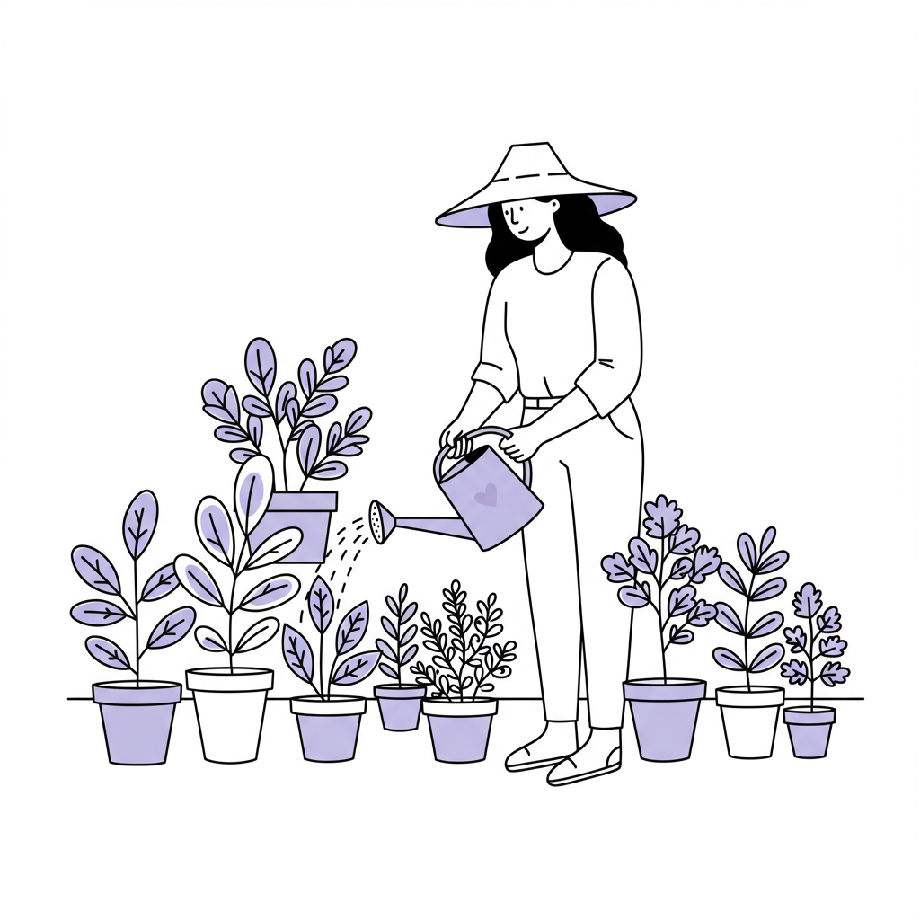 Line art: Female entrepreneur tending first coaching clients represented as growing plants; pastel purple watering can | Femmeprenista